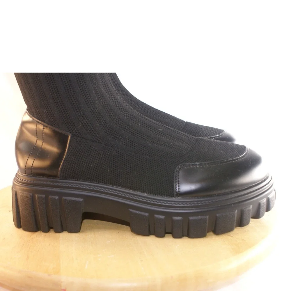Cincoo Womens Black Ribbed Knit Over The Knee Lug Sole Platform Boots Size 6.5